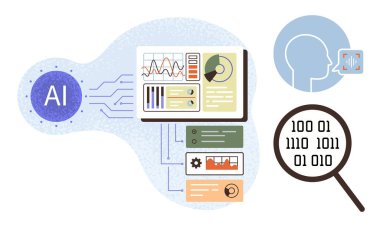 Devre çizgileri, veri grafikleri, insan profili ve ikili kod büyütülmüş yapay zeka etiketi. Teknoloji, makine öğrenimi, veri bilimi, yenilik, otomasyon dijital dönüşüm için ideal basit düz