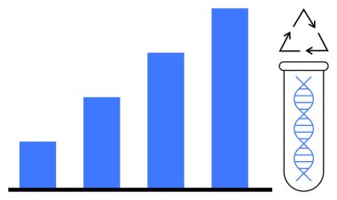 Dikey çizelge, DNA sarmalı ve geri dönüşüm okları olan bir test tüpünün yanında ilerlemeyi gösteriyor. Biyoteknoloji, veri analizi, sürdürülebilirlik, araştırma, yenilik, genetik, çevre dostu