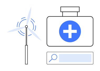 Rüzgar türbini, mavi haçlı sağlık çantası ve sürdürülebilir enerjiyi, sağlık hizmetlerini ve çevresel teknolojiyi sembolize eden arama çubuğu. Enerji, sağlık, teknoloji ve sürdürülebilirlik için ideal