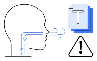 Hava akışı okları, ünlem işareti uyarısı ve katmanlı metin belgeleri olan insan profili. Sağlık, tıbbi, anatomi kavramları, solunum sistemleri, belge incelemesi ve basit iniş uyarıları için ideal