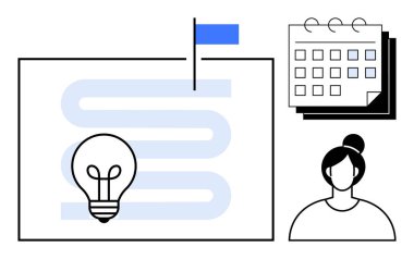 Bayrak işareti, takvim ve planlama, strateji, takvim, hedef belirleme, yenilik, yönetim verimliliğini temsil eden kişi ikonu üzerinde bir zaman çizelgesi üzerinde ampul. İş için ideal