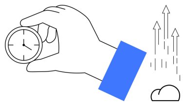 El ele tutuşan saat zaman yönetimini simgeliyor. İlerleme, üretkenlik ve büyüme için bulutların üzerinde yükselen oklar. Verimlilik, planlama, yenilik, başarı, iş hedefi sade düzlük