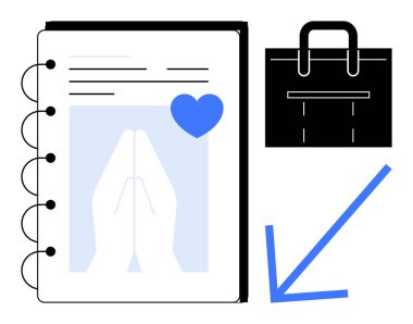 Dua eden ellerle, kalp ikonu, evrak çantası ve aşağı bakan okla yansıma, farkındalık ya da kariyer odaklı bir defter aç. Maneviyat, iş ve organizasyon için ideal.