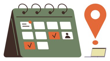 Kontrol işaretli masa takvimi, kullanıcı simgesi, harita iğnesi ve planlama, zamanlama, toplantı, iş akışı, seyahat zaman yönetimi verimliliği öneren dizüstü bilgisayarı. Etkinlik planlama iş akışı projesi için ideal