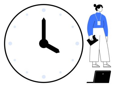 Cesur elleri olan büyük analog saat, elinde pano tutan kadın ve dizüstü bilgisayar. Zaman yönetimi, üretkenlik, organizasyon, zamanlama, dakiklik, iş planlama verimliliği için ideal