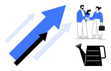 Büyümeyi temsil eden mavi ve siyah oklar, işbirliğini sembolize eden iş adamlarının el sıkışması, sulama fikirleri ön plana çıkarabilir. Takım çalışması, büyüme, strateji ve sinerji için ideal