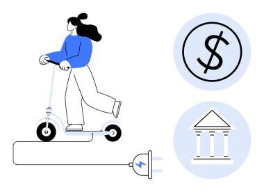 Elektrik prizine bağlı elektrikli scooter kullanan bir kadın dolar ve banka sembolleriyle birlikte. Hareket edebilirlik, finans, sürdürülebilirlik, yeşil enerji, maliyet tasarrufu, yenilik, modern yaşam tarzı için ideal