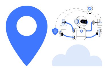 Yapay zeka kullanan robot teslimatı, fikir üretimini ve güvenlik analizini bir işaret ve bulut yakınında tamamlıyor. Teknoloji, otomasyon, lojistik, yapay zeka ve güvenlik için ideal.