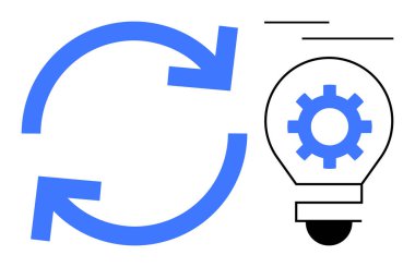İnovasyon, fikir gelişimini, süreç gelişimini, teknoloji, beyin fırtınası, otomasyon, iş akışı optimizasyonunu, basit düz metaforu temsil eden dairesel okların yanında iç dişli.