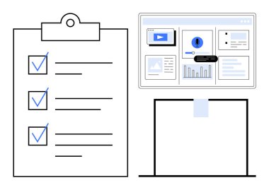 Analitik gösterge panelini gösteren bilgisayar monitörünün yanında tamamlanmış kontrol listesini gösteren pano. Üretkenlik, görev izleme, proje yönetimi, hedefler, verimlilik, planlama, basit daire