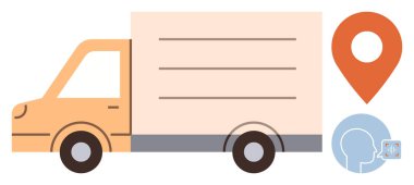 Teslimat kamyonu, izleme sembollü konuşma balonunun yanında. Lojistik, dağıtım, filo yönetimi, ulaşım, navigasyon, iletişim ve teknoloji için ideal. Basit düz