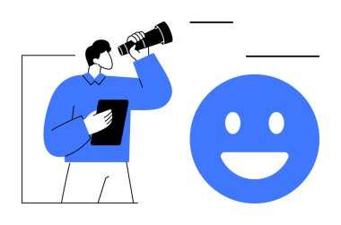 Teleskopla gülen büyük bir yüze bakarken elinde tablet tutan kişi. Keşif, iletişim, yaratıcılık, gözlem, merak, analitik, basit iniş sayfası için ideal