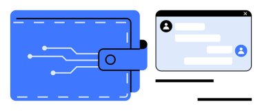 Devre tasarımlı mavi cüzdan sohbet penceresi arayüzü simgeleriyle eşleştirilmiş. Fintech, iletişim, çevrimiçi ödeme, e-ticaret, dijital güvenlik, kullanıcı arayüzü, basit iniş sayfası için ideal