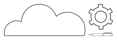 Bulut, teçhizat ve kalem minimalist tasarımı bulut hesaplama, ayarlar ve yaratıcılığı sembolize eder. Teknoloji hizmetleri, üretkenlik araçları, beyin fırtınası, iş akışı yeniliği geliştirme için ideal