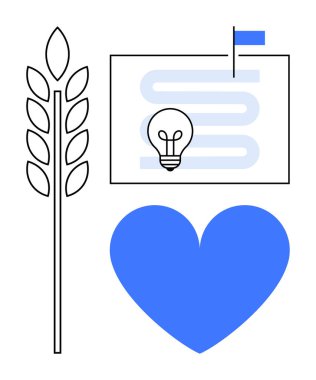 Tahıl kulağı tarımı sembolize eder, bayrakla düzgün bir yol, yenilik için ampul ve şefkat için mavi kalp. Sürdürülebilirlik, büyüme, tarım, yenilik ve bakım için ideal