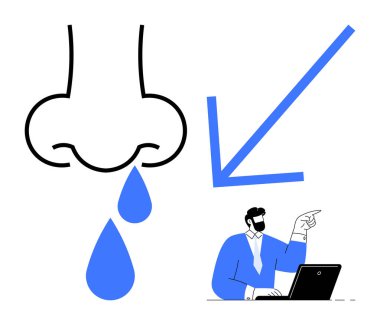 Burun açma damlaları diz üstü bilgisayardaki adamla eşleşerek aşağı doğru ok atıldığını gösteriyor. Sağlık, grip, alerji, teşhis, sorun çözme, hastalık yönetimi, soğuk algınlığı için ideal. Basit düz metafor