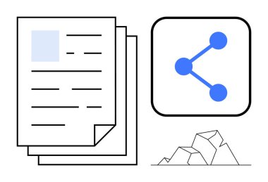 Belge yığını, ağ paylaşım simgesi, soyut geometrik şekiller işbirliği, veri akışı veya dijital süreçleri önerir. Takım çalışması, iletişim, dosya paylaşımı, iş eğitimi için ideal