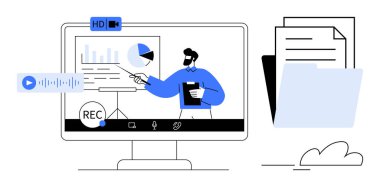 Sanal sunucu veri grafiklerini ekrandaki bir video konferansında açıklıyor. Dosya paylaşımı, ses kaydı ve dijital araçları içerir. Eğitim, uzaktan çalışma, iş, ağlar ve eğitim için ideal