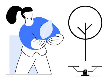 Sürdürülebilirliği simgeleyen bir yaprak tutan kadın çıplak bir ağaç ve denge terazisiyle eşleştirilmiş. Ekoloji, denge, çevre, büyüme, koruma, sürdürülebilirlik ve minimalizm için idealdir. Düz