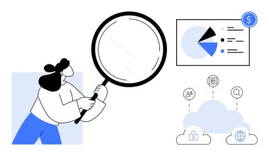 Büyüteç kullanarak finansal tabloyu inceleyen bir kadın. Bulut verilerini pasta grafiği, bağlantılar ve dolar ikonu ile görselleştiren bir kadın. Analiz, finans, güvenlik, teknoloji, araştırma, veri için ideal