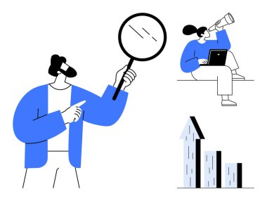 Elinde büyüteç tutan kişi, teleskop ve dizüstü bilgisayarla yukarıya bakan bir gözlemci. Araştırma, analiz, keşif, ilerleme, takım çalışması, iş sade iniş sayfası için ideal