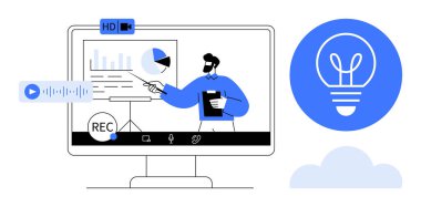 Sanal sunucu, grafik ve grafikleri bir monitörde, kayıt özellikleri, simgeler ve ampul fikri konseptiyle açıklıyor. Eğitim, uzaktan çalışma, eğitim, yenilik ve teknoloji için ideal