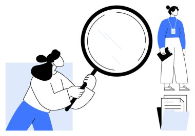 Elinde büyük bir büyüteç olan kişi, elinde dosya ve belgelerle profesyonellerin duruşunu inceliyor. Araştırma, değerlendirme, işe alım, inceleme, analitik, odaklanma ve keşif için ideal. Basit düz