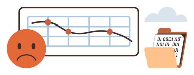 Kötü performansı yansıtan üzgün bir yüzle aşağı doğru çizgi grafiği, ikili veri içeren dizin ve bulut ögesi. Finans, analitik, başarısızlık, istatistik, dijital depolama, duygular için ideal