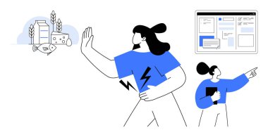 Alerjik gıdaları reddeden kadın midesini tutarken sütü, balığı ve buğdayı onaylıyor. Başka bir kişi besin verilerini ekranda gözden geçiriyor. Sağlık farkındalığı, alerji, diyet, hoşgörüsüzlük için ideal