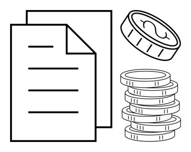 Sermaye, bütçe, kar, tasarruf, tasarruf, ekonomi ve servet yönetimini temsil eden tek bir madeni para ve para yığınlarıyla eşleştirilmiş kağıt belge. Basit düz metafor için ideal