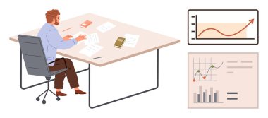 Raporlar, kitaplar ve tablolarla çevrili bir masada yükselen eğilimleri analiz eden kişi. Finans, iş planlaması, veri analizi, piyasa araştırması, strateji, üretkenlik için ideal basit