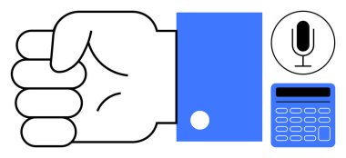 Ses iletişimi için bir mikrofon ve hesaplama için bir hesap makinesinin yanında kapalı yumruğu sembolize ediyor. İşbirliği, liderlik, iş dünyası, yenilik, sorun çözme, medya için ideal