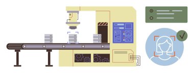 Yüz tanıma simgesi ve onay işareti eşliğinde, robot sistem denetleme öğeleri içeren taşıyıcı bant. Teknoloji, imalat, yenilik, otomasyon, endüstri, kalite kontrolü, yapay zeka için ideal