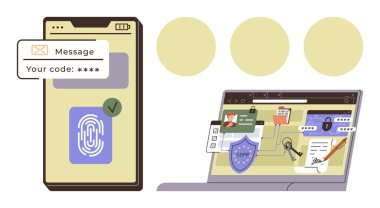 Parmak izi taraması ve doğrulama kodu olan akıllı telefon, asma kilit, kalkan ve mesaj öğelerini gösteren dizüstü bilgisayar. Siber güvenlik, gizlilik, teknoloji, kimlik doğrulama, ağ güvenliği şifrelemesi için ideal