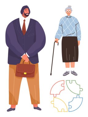 Elinde bastonlu yaşlı bir kadının yanında evrak çantası tutan bir iş adamı. Yanında da çok renkli yapboz parçaları var. Takım çalışması, çeşitlilik, problem çözme, bağlantı, nesiller arası birlik için ideal