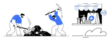 İki işçi, sağlık malzemeleri satan 247 eczanenin yanında, çok çalışmayı ve kaynak çıkarmayı sembolize eden taş kırmak için araç kullanıyor. Çalışma, sağlık, hazırlık ve endüstri için ideal