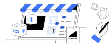 Sipariş detayları, teslimat kutuları, alışveriş ikonları, el yazmaları, vitesler. E-ticaret, alışveriş, dijital pazarlama, çevrimiçi satış lojistiği için ideal basit bir iniş sayfası