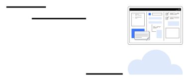 Bilgisayar ekranı arayüz elementleri, yüzen bulut ve ilerleme çizgileri. Teknoloji, iş akışı, proje yönetimi, organizasyon, bulut depolama verimliliği yeniliği için ideal. Basit düz