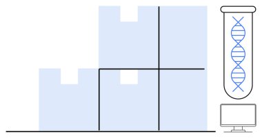 Bir test tüpündeki DNA, bilgisayar monitörü ve birbirine kenetlenmiş bloklar genetik, veri analizi, araştırma ve problem çözme konularını vurguluyor. Bilim, yenilik ve teknolojik sağlık keşfi için ideal