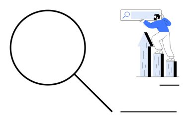Adamın yanındaki büyük büyüteç, grafik oklarına tırmanıyor ve arama çubuğu tutuyor. Analiz, büyüme, başarı, strateji, araştırma, fırsat keşfi için idealdir. Basit bir düz metafor.