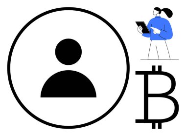 En az kullanıcı profili simgesi, Bitcoin sembolü ve şifreleme tableti taşıyan kadın, kullanıcı etkileşimi, dijital ekonomi, engelleme zinciri, teknoloji, fintech, basit iniş sayfası