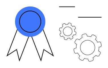 Mavi başarı rozeti, iki ana hatlı ve yatay çizgilerle birlikte. Tanınma, başarı, kalite, iş akışı, mühendislik, takım çalışması, iş ve basit iniş sayfası için ideal