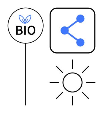 Yapraklı biyoetiket, ağ bağlantısı simgesi ve güneş sembolü. Sürdürülebilirlik, yenilenebilir enerji, yeşil teknoloji, organik ürünler, çevresel farkındalık, basit iniş kampanyaları için ideal