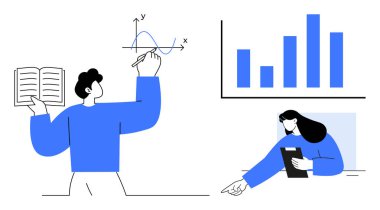 Adam grafiği açık kitapla açıklıyor, kadın tablet tablet kullanıyor. Eğitim, takım çalışması, veri analizi, araştırma, iş stratejisi, problem çözme, basit iniş sayfası için ideal