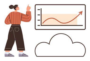 Çizelgedeki yukarı doğru grafiğe bakan kadın ilerlemeyi, analitiği ve büyüme eğilimlerini sembolize ediyor. Veri analizi, iş başarısı, performans takibi, bulut depolama, takım stratejisi eğitimi için ideal