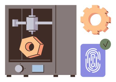 3D yazıcı altıgen şekil yaratıyor, mekaniği temsil eden dişli simgesi, dijital güvenlik için parmak izi simgesi. 3D baskı, teknoloji, yenilik, mekanik, imalat, tasarım için ideal