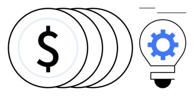 İçinde vites bulunan bir ampulün yanında dolar işareti olan bozuk paralar, finansal büyüme ve yenilik arasındaki bağlantıyı sembolize ediyor. İş, strateji, kalkınma, zenginlik için ideal