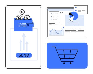 Bozuk paralı mobil cüzdan, e-ticaret arabası ikonu, grafikli analitik ekranda. Fintech, e-ticaret, analitik, dijital iş, veri görselleştirme, teknoloji sade iniş için ideal