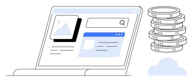 Arama ve resim sonuçlarını gösteren dizüstü bilgisayar, madeni para yığını ve bulut eşliğinde. Finans, fintech, e-ticaret, teknoloji, yatırım, bulut hesaplama dijital ekonomisi için ideal. Basit bir daire.
