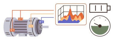 Isı ölçümlerini, performans grafiğini, pil ikonunu ve enerji göstergesini gösteren elektrik motoru. Mühendislik, teknoloji, izleme, analitik, veri görselleştirme gücü için ideal